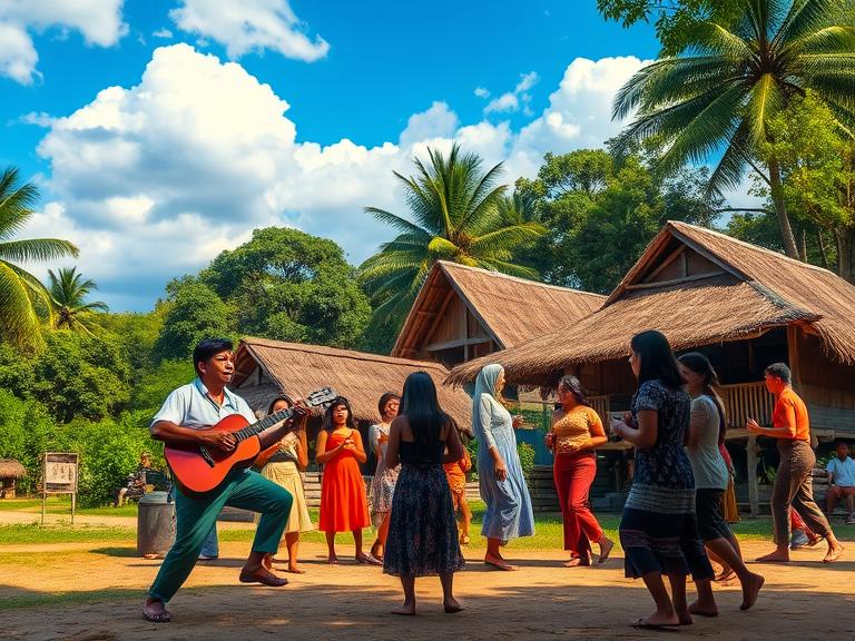 Village group dancing with guitar player, tropical setting