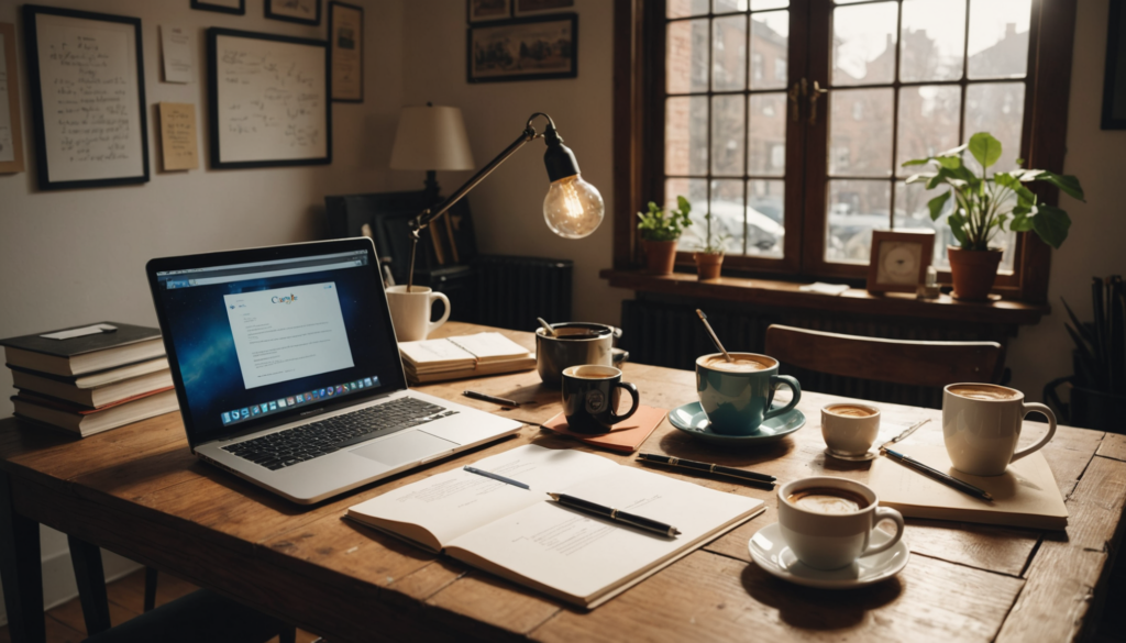 Cozy workspace with laptop, coffee, and notes