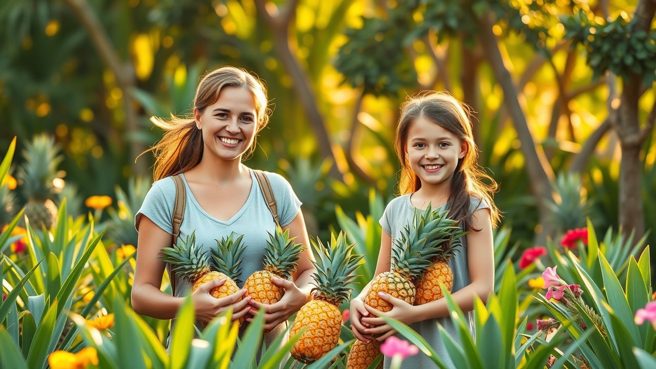 Isa itong larawan ng isang ina at anak na nagtatanim ng pinya sa isang Filipino village.